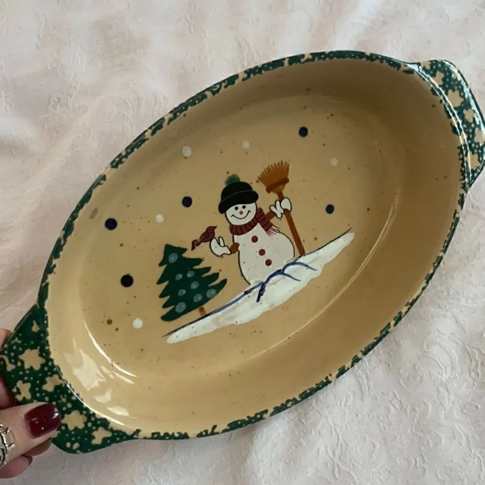 Stoneware Casserole Dish Green Spongeware Snowman
